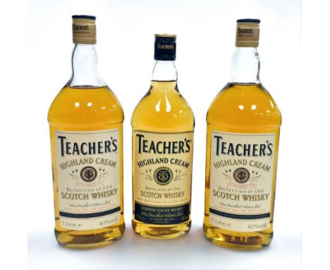 Three bottles of Teacher's Highland Cream Scotch whisky, a 70cl bottle and two 1L bottles.  (3)