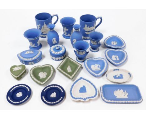 A group of Wedgwood Jasperware trinkets and tankards, in blue white and green colouring, to include a dark blue pin dish, two