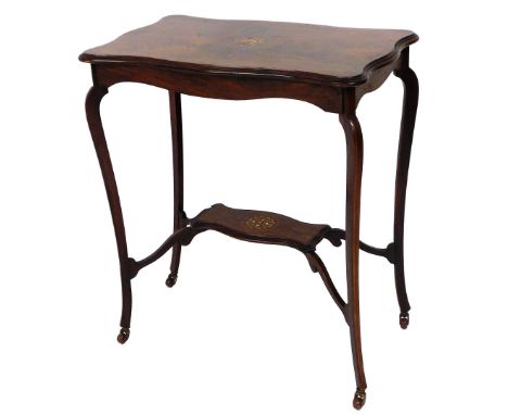 A late Victorian rosewood marquetry centre table,  with moulded serpentine top and under shelf, on shaped legs with brass and