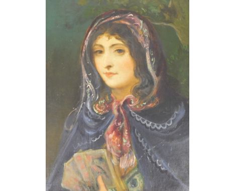 19thC School. Portrait of a lady quarter profile holding playing cards, oil on canvas, 58cm x 50cm.