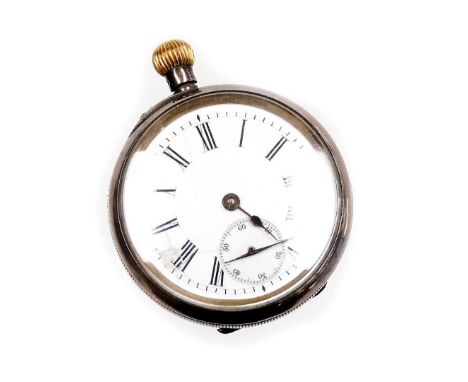 A silver Continental fob watch, with white enamel dial and Roman numerals with seconds dial, lacking hand, bezel wind in a si