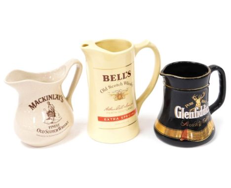 Three whisky advertising jugs, to include Mackinlay's jug, a Bells Old Scotch whisky Extra Special jug and a Glenfindich Scot
