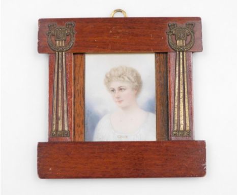 M.J. Fleming (early 20thC).  Portrait miniature of a lady, with white gown and gold arrow brooch jewellery, signed and dated 