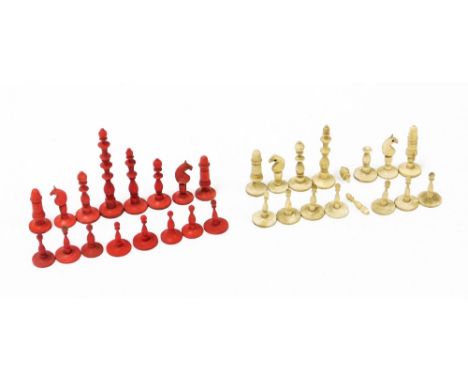 A late 19th/early 20thC miniature bone chess set, each king approximately 5cm high, red and white colours. (AF - white queen 