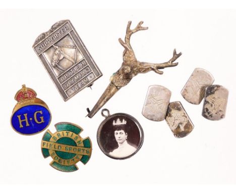 Enamel badges, cufflinks, miniature silver picture frame of Edward VII, etc.