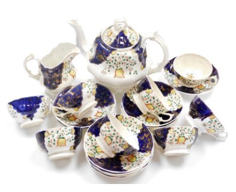 A Victorian Gaudy Welch Tulip pattern tea service, comprising teapot, cream jug, eight cups and eleven saucers. 