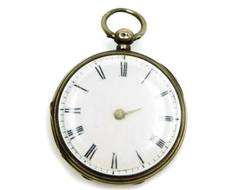 A silver fob watch, with white enamel dial, Stamford maker, lacking hand, and key wind.