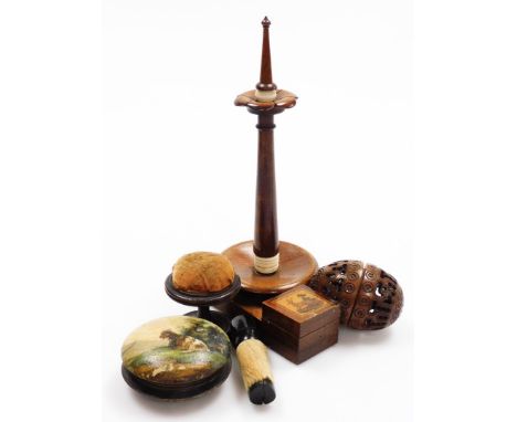 A small group of treen, to include a turned wooden pot and stand, 12cm high, a small tunbridge ware style type box with dear 