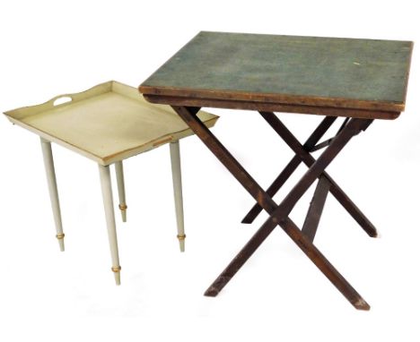 A folding card table, with beige top and a tray top serving table with folding base. (2)