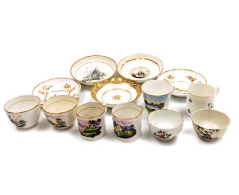 A group of 19thC porcelain cups, saucers and tea bowls, comprising a pair of cottage scene teacups, numbered 189, and two mat