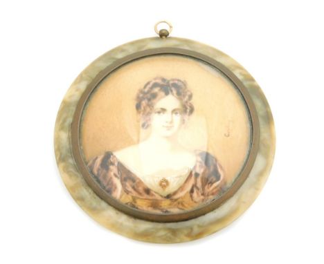 An early 19thC portrait miniature of a lady, with brunette hair in brown dress, on a brown coloured border, painted on panel 