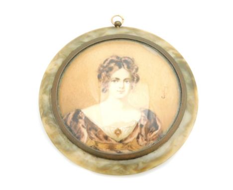 An early 19thC portrait miniature of a lady, with brunette hair in brown dress, on a brown coloured border, painted on panel 