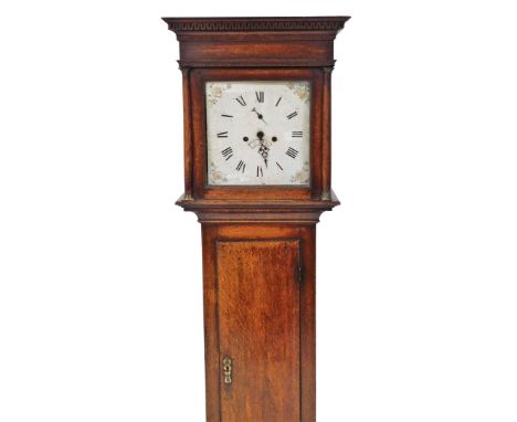 An early 19thC mahogany longcase clock, the square white painted dial with floral decoration, 30cm x 30cm, with eight day mov