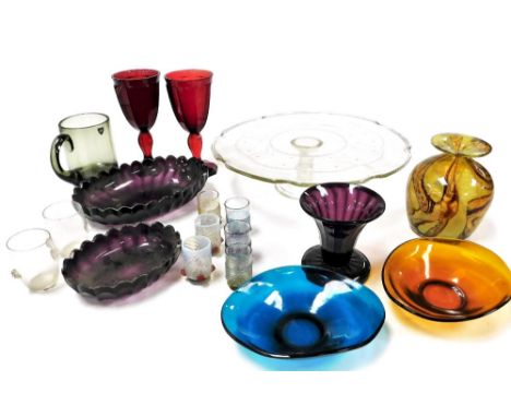 Assorted glassware, including 1930s cake stand, Orrefors tankard, Mdina style vase, ruby glass goblets (1AF), amethyst glass,