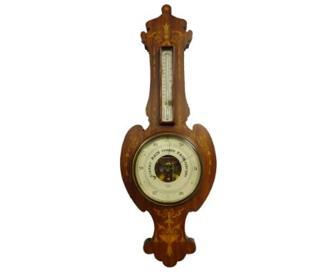 An Edwardian mahogany and marquetry wheel barometer by Dolland of London, the shaped case decorated with foliate scrolls, rib