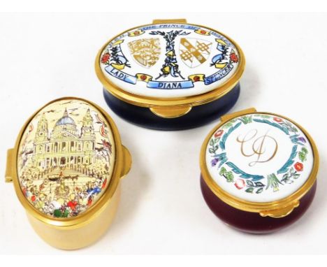 Three Staffordshire enamelled trinket boxes, to include oval example of St Paul Cathedral limited edition number 17 of 500, a
