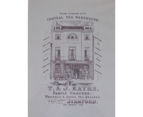 A Central Tea Warehouse framed print, of the T &amp; J Eayrs family grocers, Stamford, mounted and framed, 36cm x 25.5cm. 