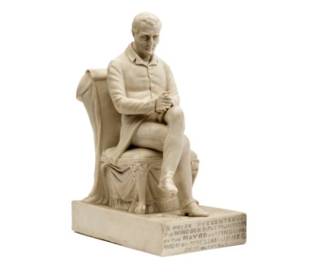 A well modelled, hollow cast Parian ware presentation figure of The Duke of Wellington, wearing frock coat and seated cross l