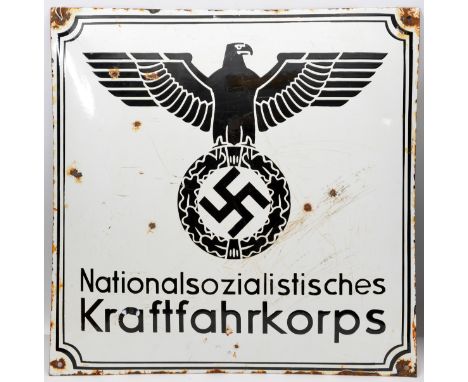 A large convex black on white enamel sign, 20” x 20”, bearing eagle and swastika over “Nationalsozialistisches Kraftjahrkorps