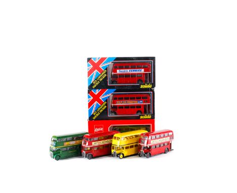 12 Solido 1/50 scale AEC RT double deck buses. 5 in red, one with L.T. adverts include 'Hovis', 'Sealink' and 'Maples'. 4 Lon