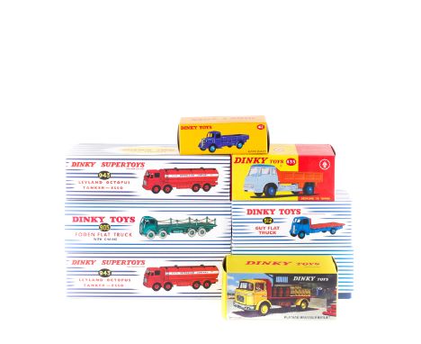 9 Atlas Dinky Toys. Austin Wagon (412) in yellow with bright green wheels. Bedford TK Tipper (435) in light grey and orange, 