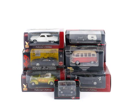 46 vehicles by various makes. Including 1:87, 1:43, 1:24 scale models; 1950s/60s British marks, American cars, VW campervans,