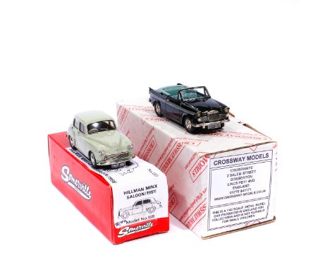 2x White Metal Model cars. A Crossways Models Sunbeam Rapier Mk.III convertible in dark green with sage green interior.  Toge