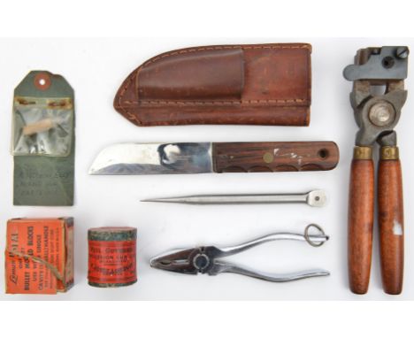 A Lyman ball mould, wooden grips, swivel cut off; a single bladed knife by Wilkinson with wooden grip, a pair pliers and a sp