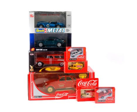 A quantity of various makes. Including 7x Coca-Cola related vehicles in a variety of scales; 1:18 Citroen 2CV, 1:18 Fiat 500,