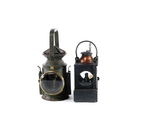 2 Railway Hand Lamps. A W.D. 3-aspect example, plated 'Wakefields Birmingham 1945'. In dark green. Together with a S.R. Inter