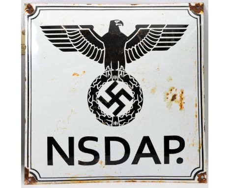 A similar enamel sign, with eagle and swastika over “NSDAP”, no RZM panel. GC (some damage and rust).