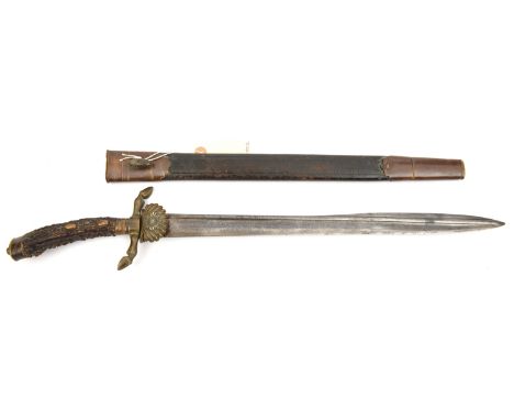 A late 19th century German hunting sword,  blade 16½”, SE for top half, with prominent pipe ;back becoming the central rib fo
