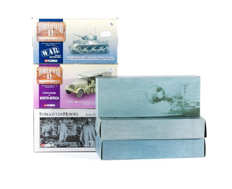 8 Corgi military vehicles. 5x World War II Collection - Sherman M4A2 tank, Panther Ausf.D tank, 2x Krauss Maffei Semi Track -