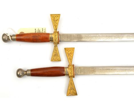 A pair of society swords, plated DE blades 30” by Wilkinson Sword, etched on one side with knight in armour, 2 mounted jousti