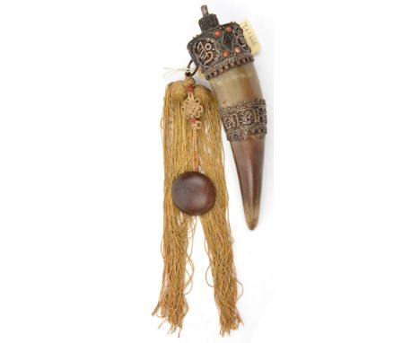 A Tibetan horn snuff flask,  with ornamental middle band pierced with characters “Oni Mani Ohm Mani Patri Ohm” (Hail to the f