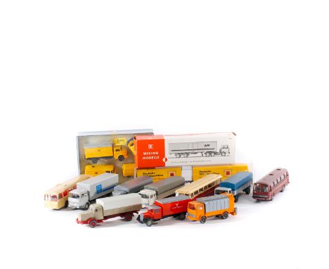 1970's  Wiking HO scale commercial vehicles. Set of 4 Deutsch Post vehicles - 2 Mercedes truck/van and 2 Volkswagen, van/Beet