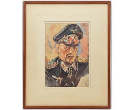 A watercolour portrait of Erwin Rommel, attributed to Lt. Col Burmingham, 7” x 10”, in window mount in natural wood frame. GC