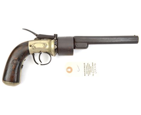 A 6 shot 54 bore Baker’s Patent single action open frame transitional percussion revolver, 11¼” overall, sighted octagonal ba