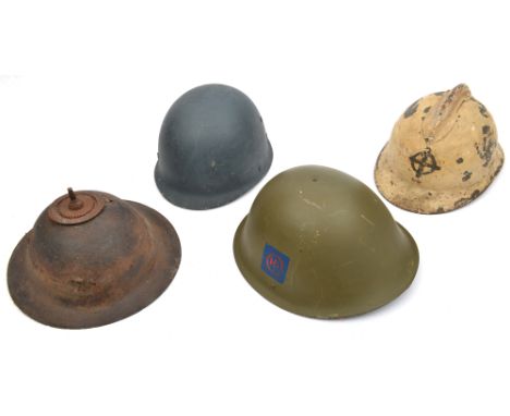 4 steel helmets: WWI British Army in India or Indian Army with tulwar hilt disc to top (no liner); Mk IV painted badge of the