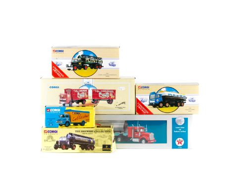 10 Corgi commercial vehicles. Leyland Tanker, Youngers (24301). AEC Tanker, Major (97328). Thames Trader Box Van (30305). Atk