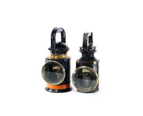 2 Railway Hand Lamps. Both British Railways, Western Region. A 4-aspect GWR pattern lamp, together with a later 3-aspect exam