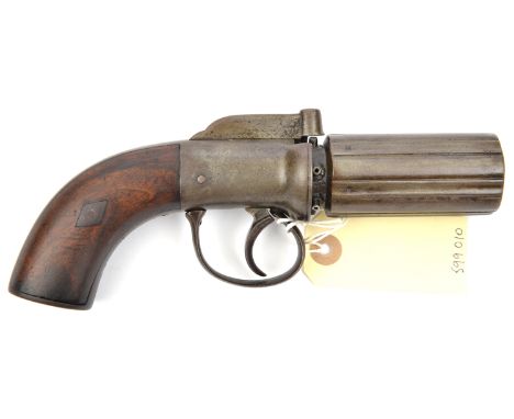 A 6 shot 110 bore self cocking bar hammer percussion pepperbox revolver c 1840, 8½” overall, barrels 2¾” with B’ham proofs, w