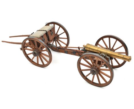 **A well made .380” model field gun and limber,  c 1970’s, brass barrel, 8¼” including cascabel, London black powder proof ma