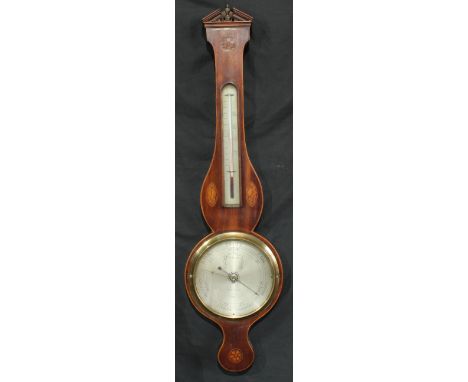A George IV mahogany wheel barometer, the silvered dial inscribed  F Saltieri, Nottingham, alcohol thermometer, inlaid with s