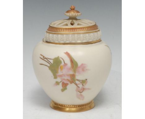 A Royal Worcester lobed ovoid pot pourri vase and cover, decorated with flower sprigs, on a blush ivory ground, gilt line rim