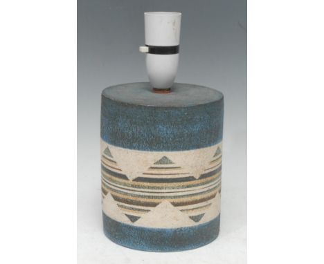 A Troika cylindrical lamp base, painted with stripped chevrons, 14.5cm high, painted marks 