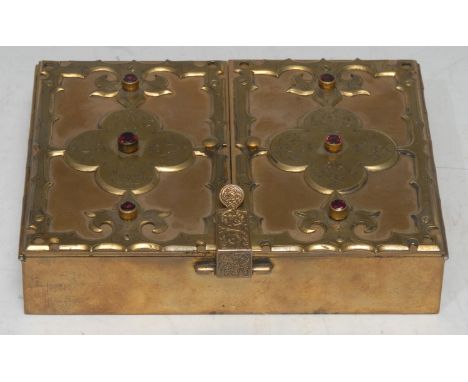 A Victorian Gothic Revival ormolu rectangular playing cards box, the bi-partite hinged covers restrained by a clasp and centr