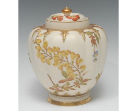 A Royal Worcester lobed ovoid pot pourri vase, printed with stylised flowers, on a blush ivory ground, the shoulders in relie