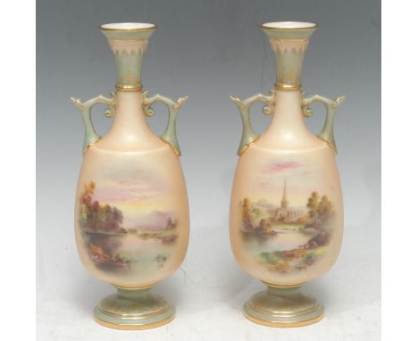 A pair of Royal Worcester two handled vases,   each painted possibly by Harry Davis, with landscapes on a blush ivory ground,