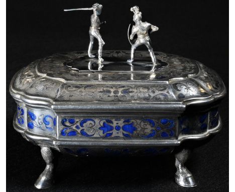 A Continental silver, niello and enamel shaped rectangular table snuff or spice box, in the Renaissance manner, hinged cover 